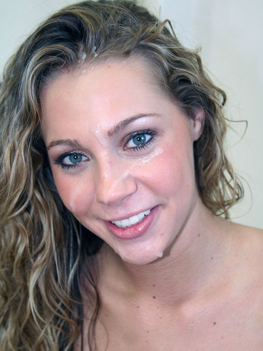Blue eyed cocksucker Mysti May with curly hair gets cum all over her pretty face