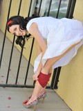 Brunette babe Sophie FTV in white dress takes off her red panties outdoors