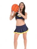 Brunette cheerleader Playful Ann is showing nude tits up blouse and pussy up skirt