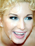 Busty blonde Cynthia Pendragon shows her bald twat and gives throat job for facial