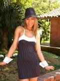 Tasty latina Tania Spice shows her tits and dildos her shaved snatch outdoors