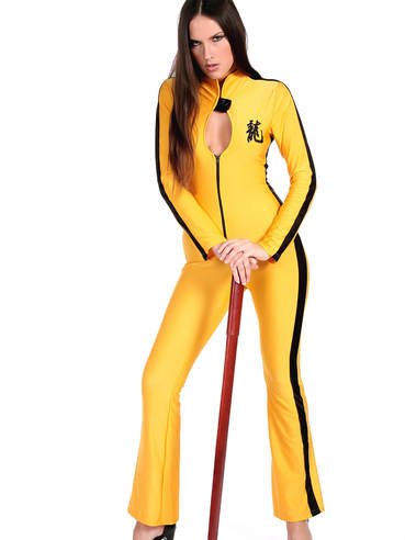 Deny is such a hot brunette, dressed in a kill-bill style yellow suit looking sexy.